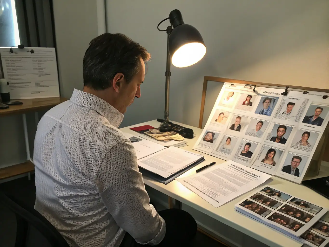 A casting director reviewing headshots and audition tapes in a modern office setting, emphasizing attention to detail and professionalism.
