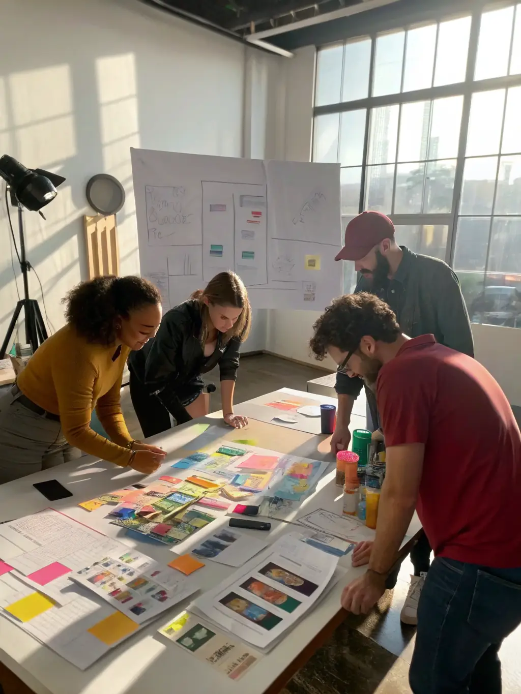 A high-quality image depicting a team brainstorming ideas for a film marketing campaign, with storyboards and concept art visible in the background, reflecting Arykas & Ybots' creative approach.