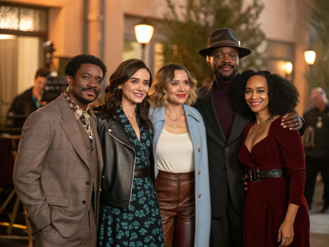 A diverse group of actors standing on a film set, smiling and interacting with the crew, showcasing a collaborative and inclusive environment.