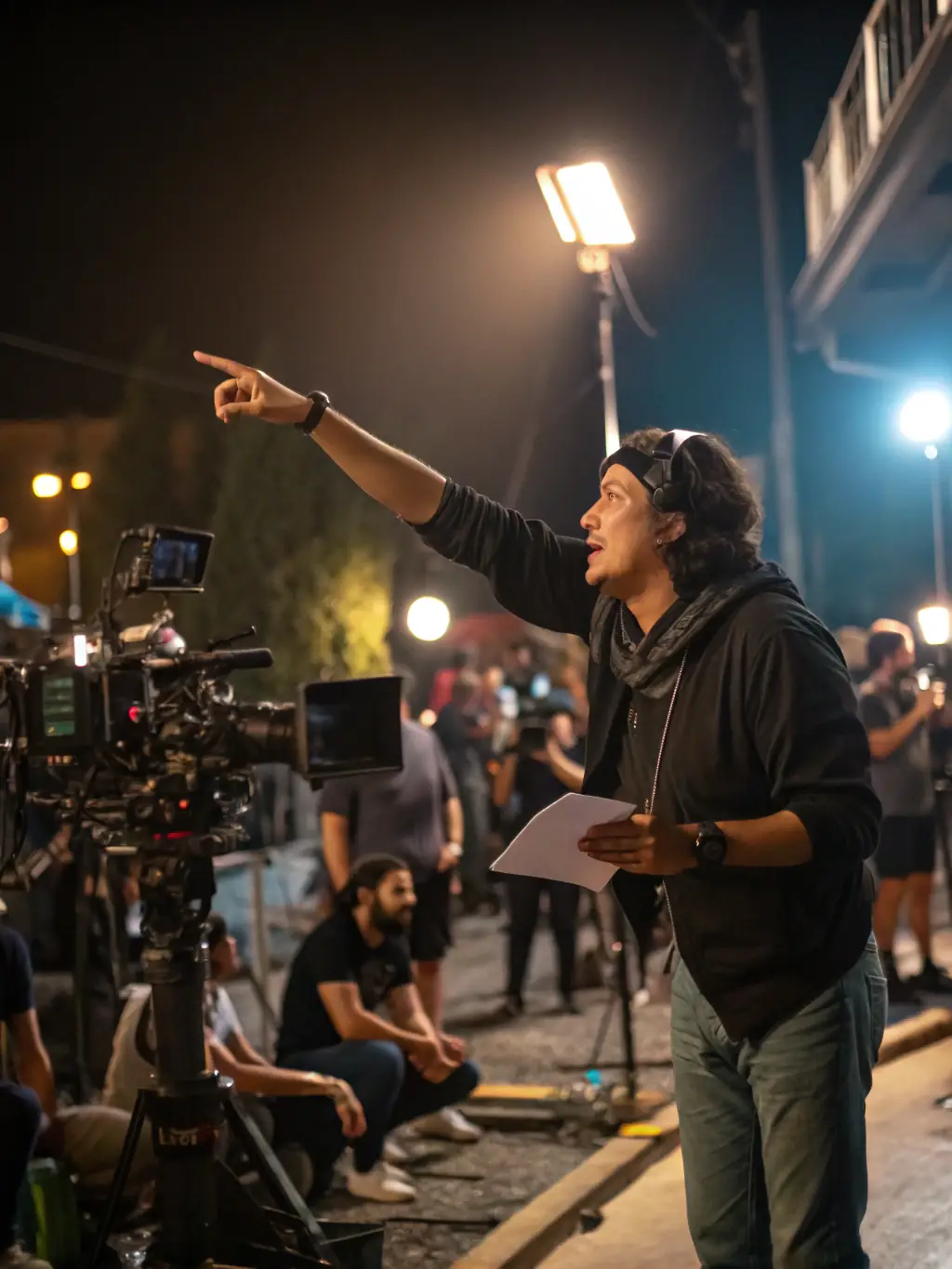 A still image from a film set, showcasing a director explaining a scene to the actors, with financial documents subtly visible in the background, symbolizing the intersection of creativity and finance in filmmaking.