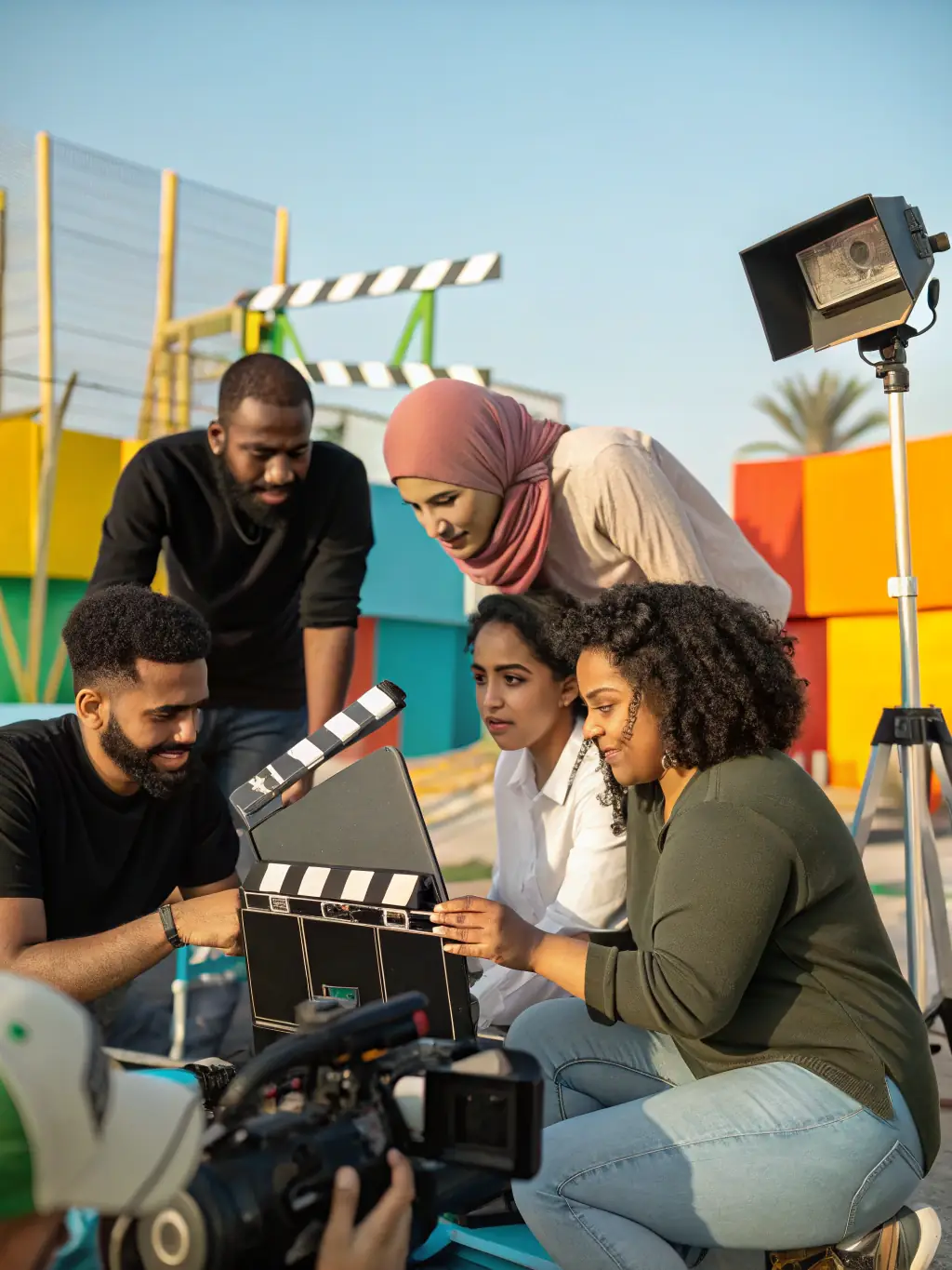 A diverse group of filmmakers from different countries collaborating on a film project, highlighting the benefits of co-production agreements facilitated by Aryka's Studio Originals.