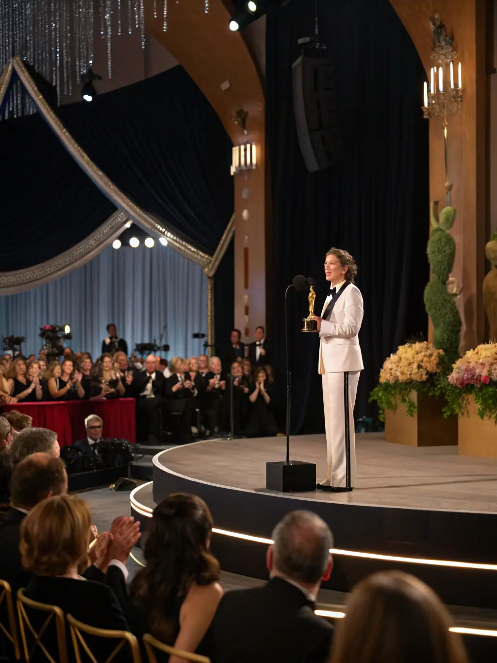 A successful filmmaker receiving an award for their film, symbolizing the potential for creative and commercial success through Aryka's Studio Originals' financing support.