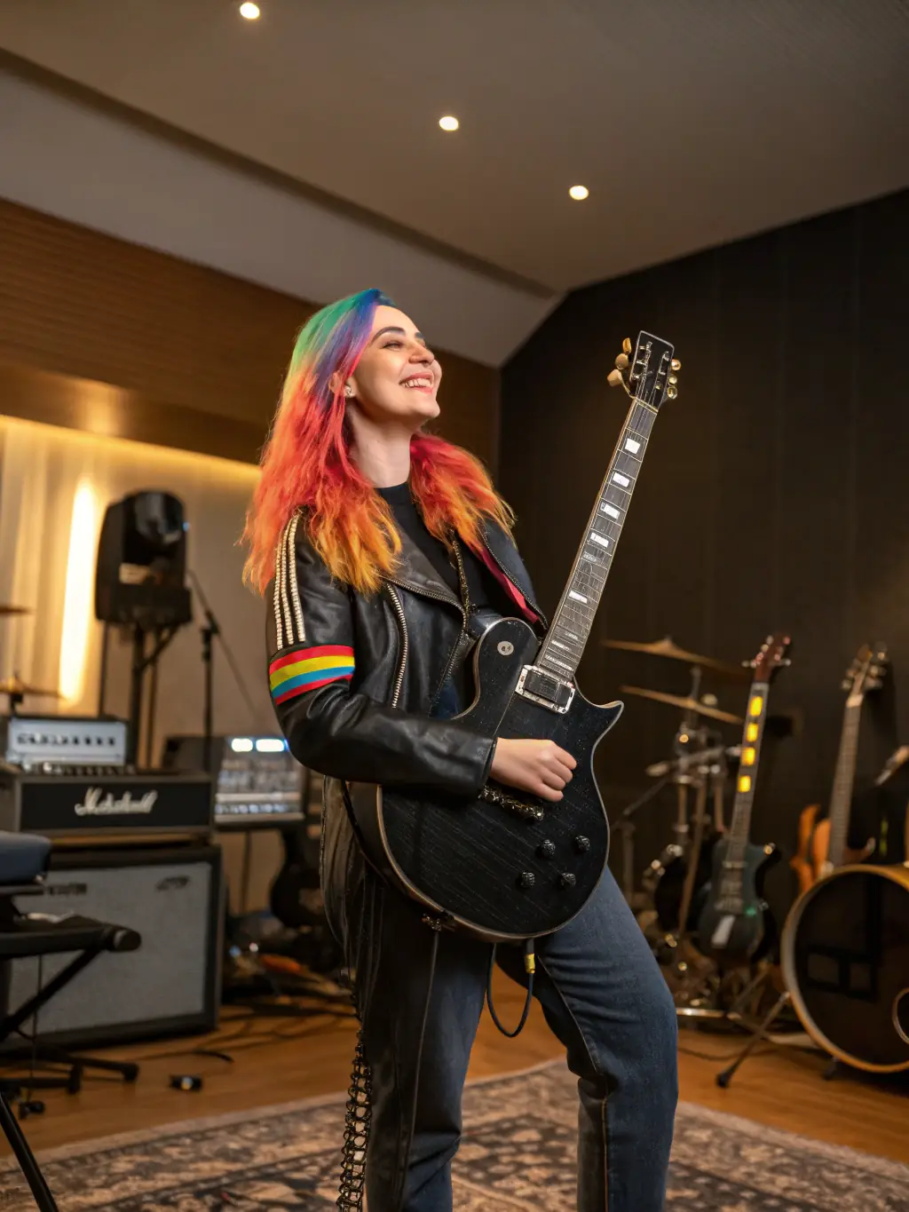 A musician playing a guitar in a recording studio, with a microphone in front, capturing the essence of artistic expression and creation.