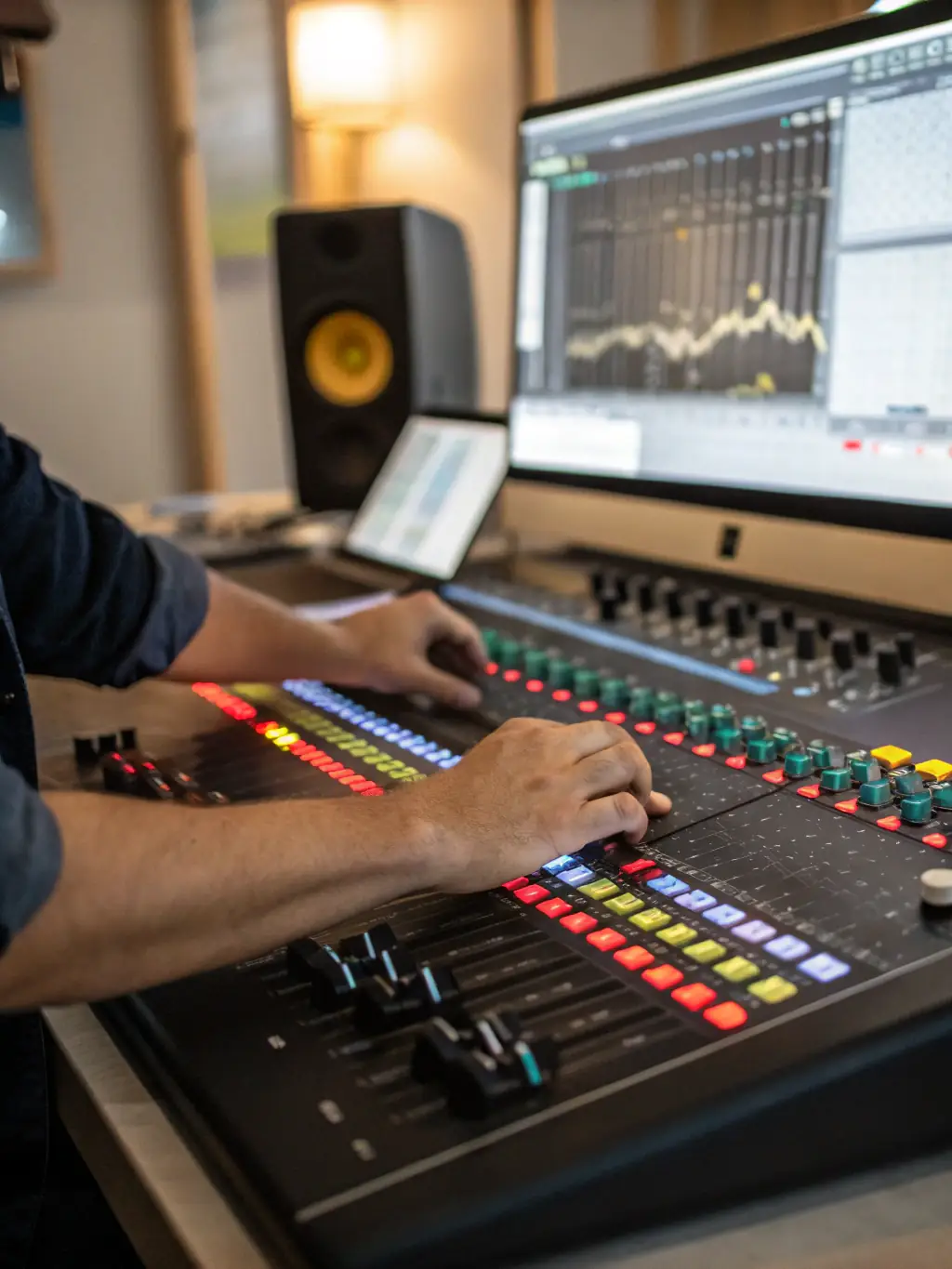 A close-up shot of a sound mixing console with various knobs and sliders, subtly lit to highlight the complexity and precision involved in music production for film.
