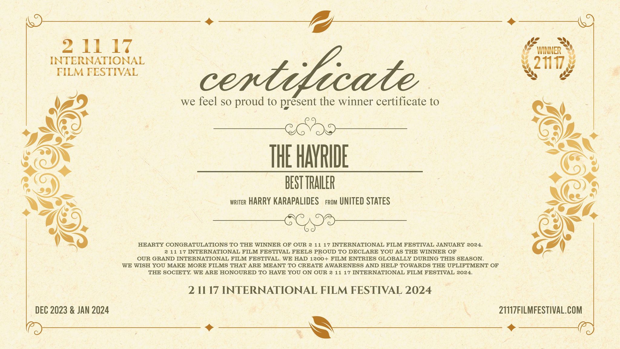 H.Karapalides.2.11.17.INTERNATION.FILM.AWARDS.Hayride.BEST.TRAILER.Certificate